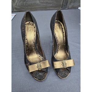 BCBGirls Black Bronze Brocade Peep Toe Heels Pumps Leather 5.5B Womens